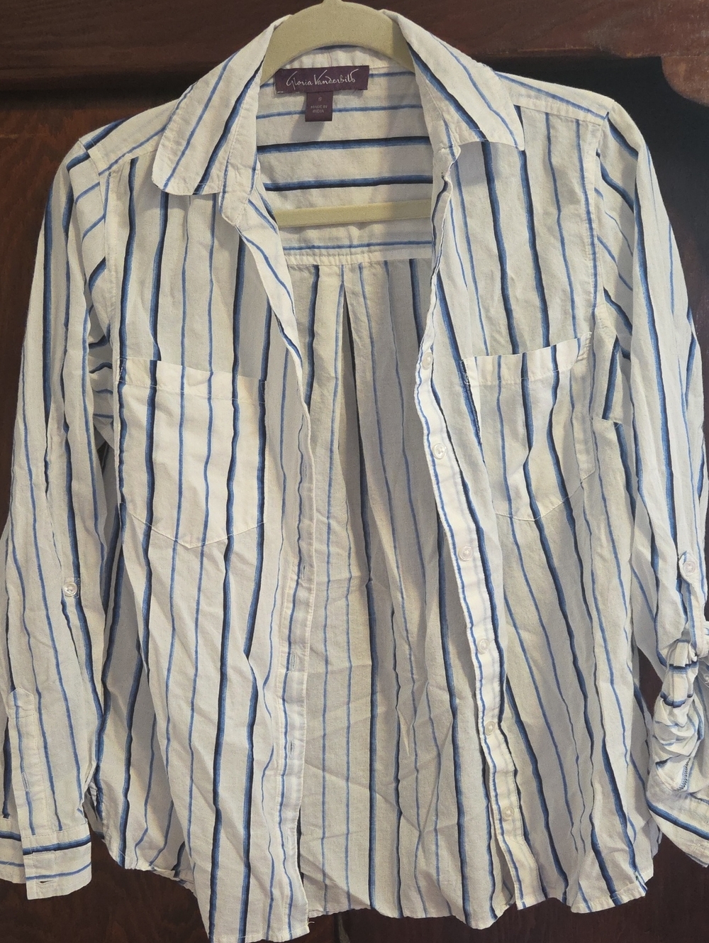 Gloria Vanderbilt White Shirt with Blue Vertical Stripes